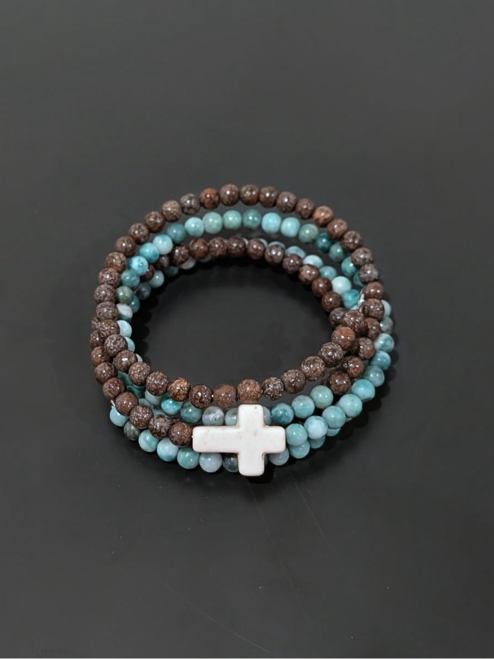 Turquoise and Brown Beaded Wrap Bracelet with White Cross Accent